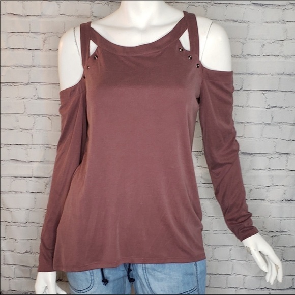 Rock & Republic Mocha Cold Shoulder Top Sz XS - Picture 2 of 6